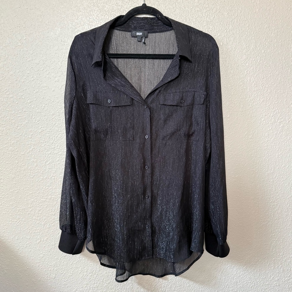 DKNY NWT Black & Gold Metallic Sheer Lightweight Button Down Blouse Large